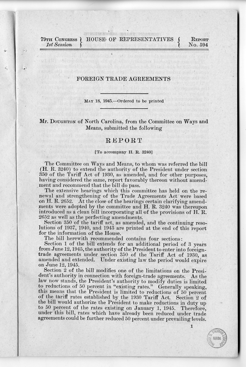 Memorandum from Harold D. Smith to M. C. Latta, H.R. 3240, to Extend the Authority of the President Under Section 350 of the Tariff Act of 1930, with Attachments