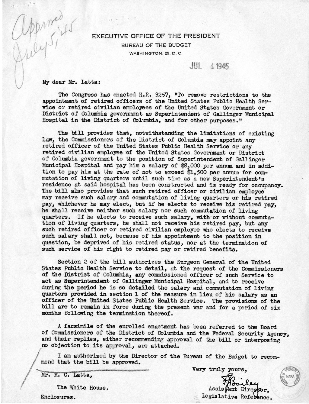 Memorandum from Frederick Bailey to M. C. Latta, H.R. 3257, To Remove Restrictions to the Appointment of Retired Officers of the United States Public Health Service or Retired Civilian Employees of the United States Government or District of Columbia Gove