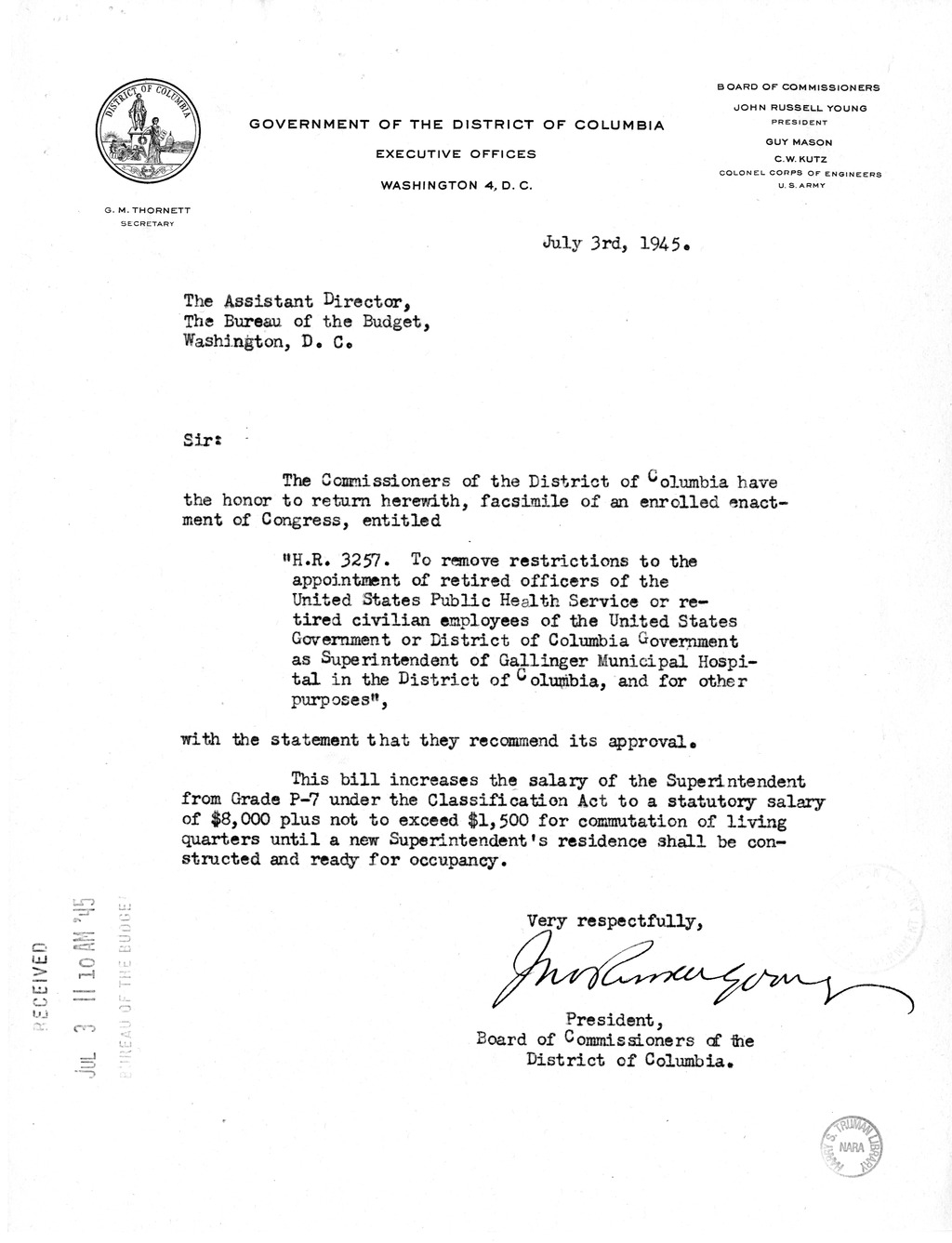 Memorandum from Frederick Bailey to M. C. Latta, H.R. 3257, To Remove Restrictions to the Appointment of Retired Officers of the United States Public Health Service or Retired Civilian Employees of the United States Government or District of Columbia Gove