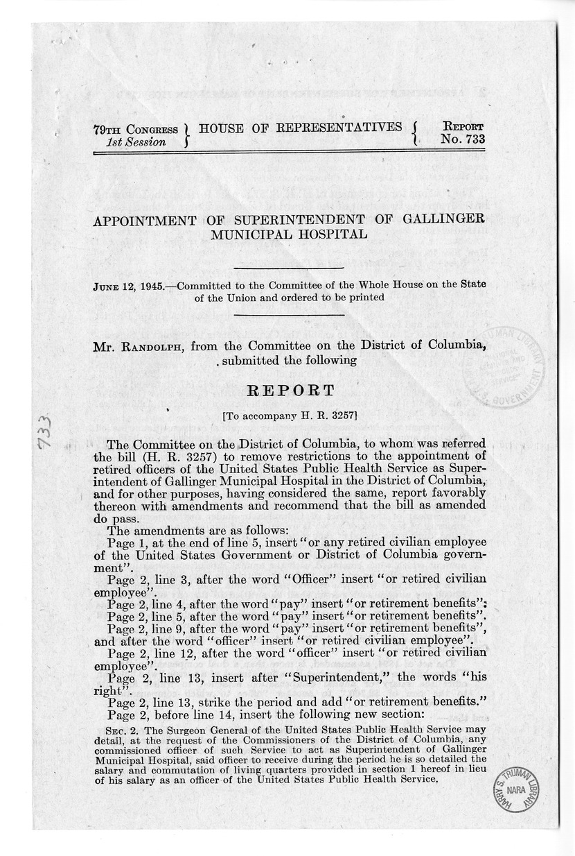 Memorandum from Frederick Bailey to M. C. Latta, H.R. 3257, To Remove Restrictions to the Appointment of Retired Officers of the United States Public Health Service or Retired Civilian Employees of the United States Government or District of Columbia Gove