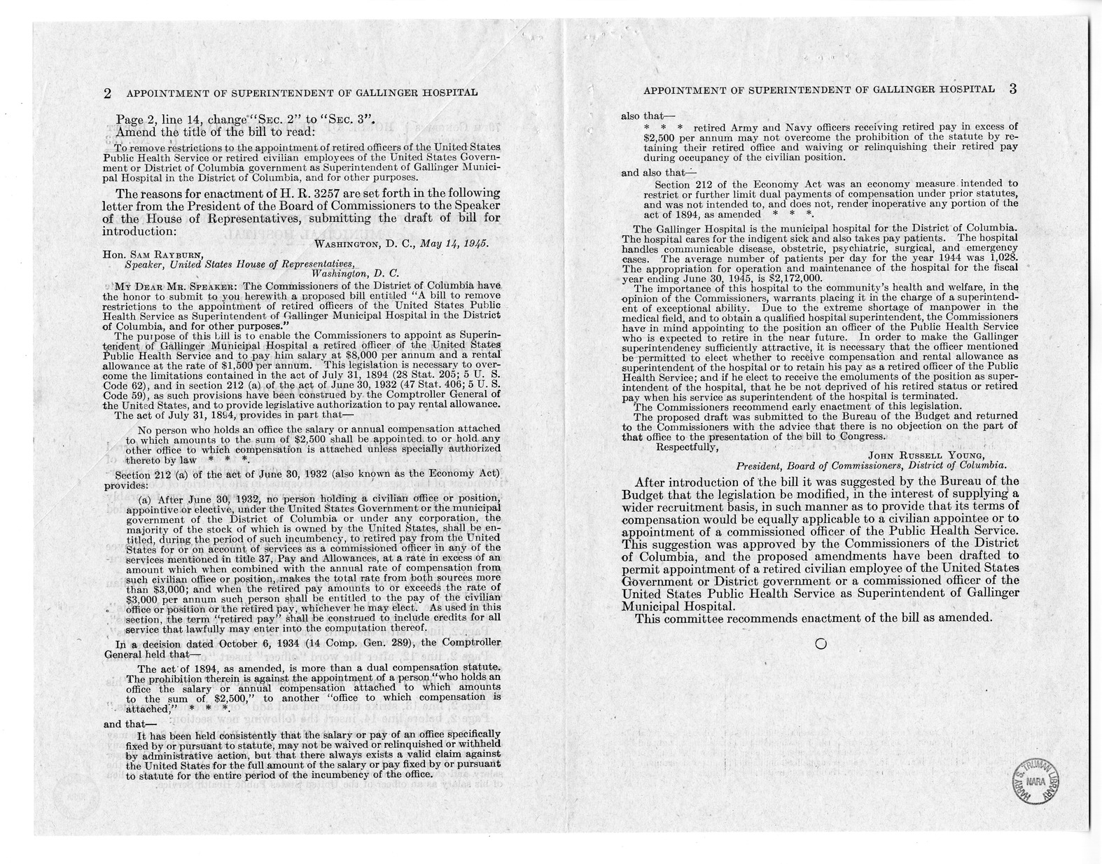 Memorandum from Frederick Bailey to M. C. Latta, H.R. 3257, To Remove Restrictions to the Appointment of Retired Officers of the United States Public Health Service or Retired Civilian Employees of the United States Government or District of Columbia Gove