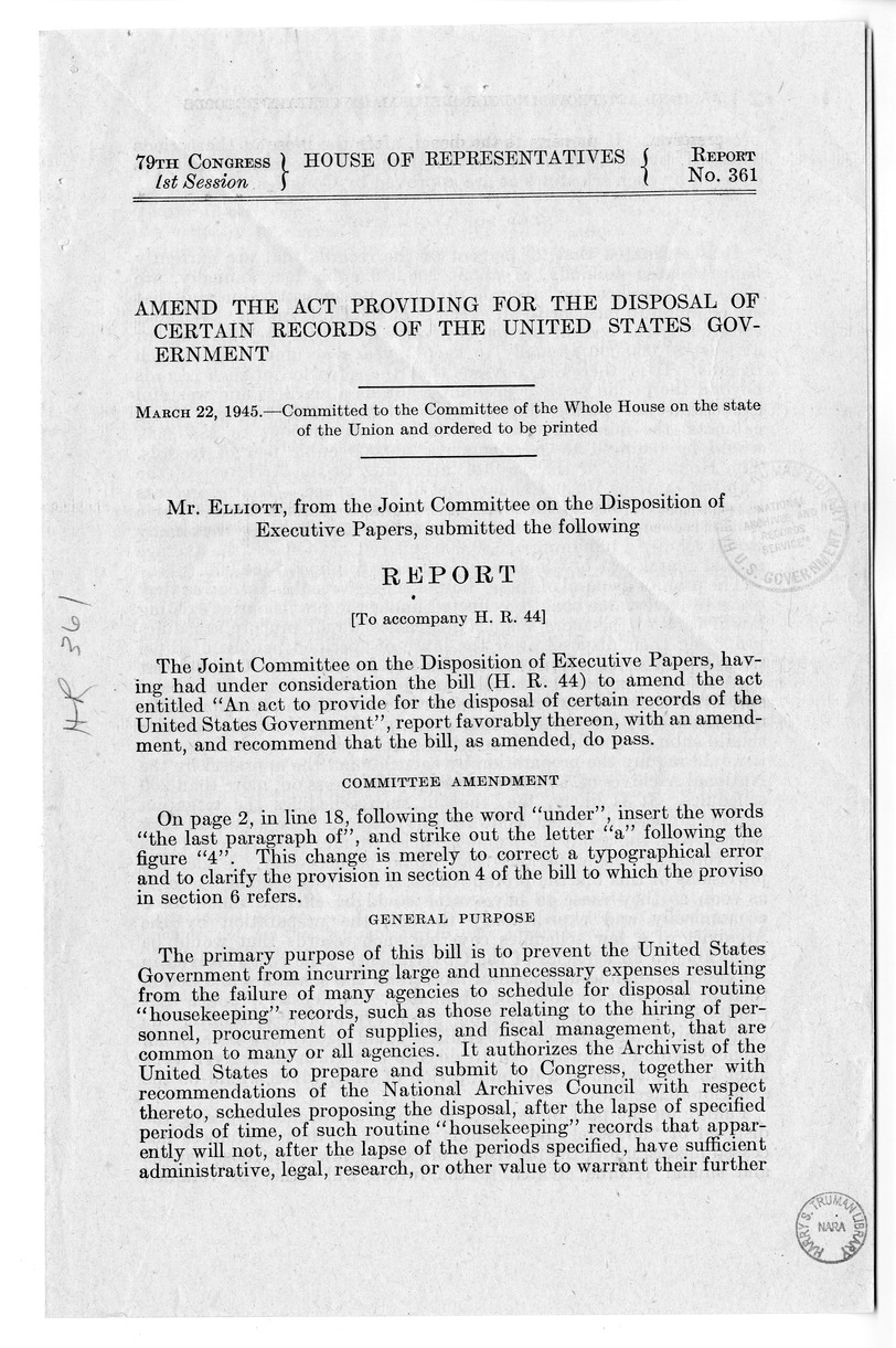 Memorandum from Frederick Bailey to M. C. Latta, H.R. 44, To Amend An Act to Provide for the Disposal of Certain Records of the United States Government, with Attachments