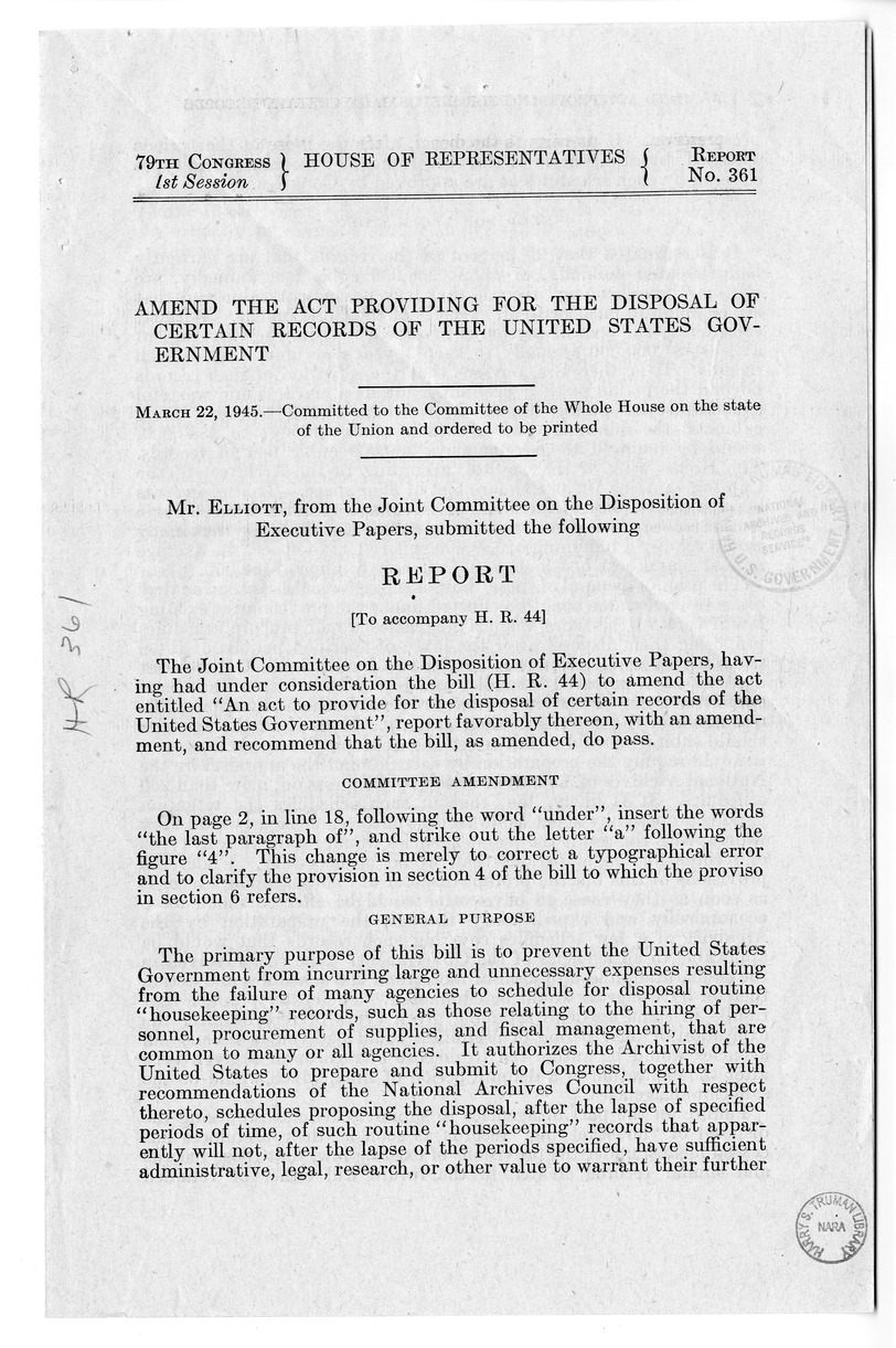 Memorandum from Frederick Bailey to M. C. Latta, H.R. 44, To Amend An Act to Provide for the Disposal of Certain Records of the United States Government, with Attachments
