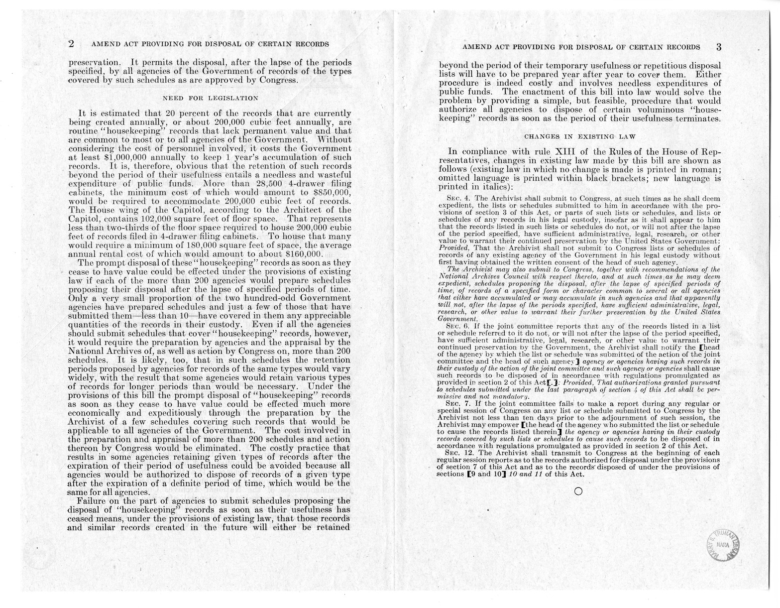 Memorandum from Frederick Bailey to M. C. Latta, H.R. 44, To Amend An Act to Provide for the Disposal of Certain Records of the United States Government, with Attachments