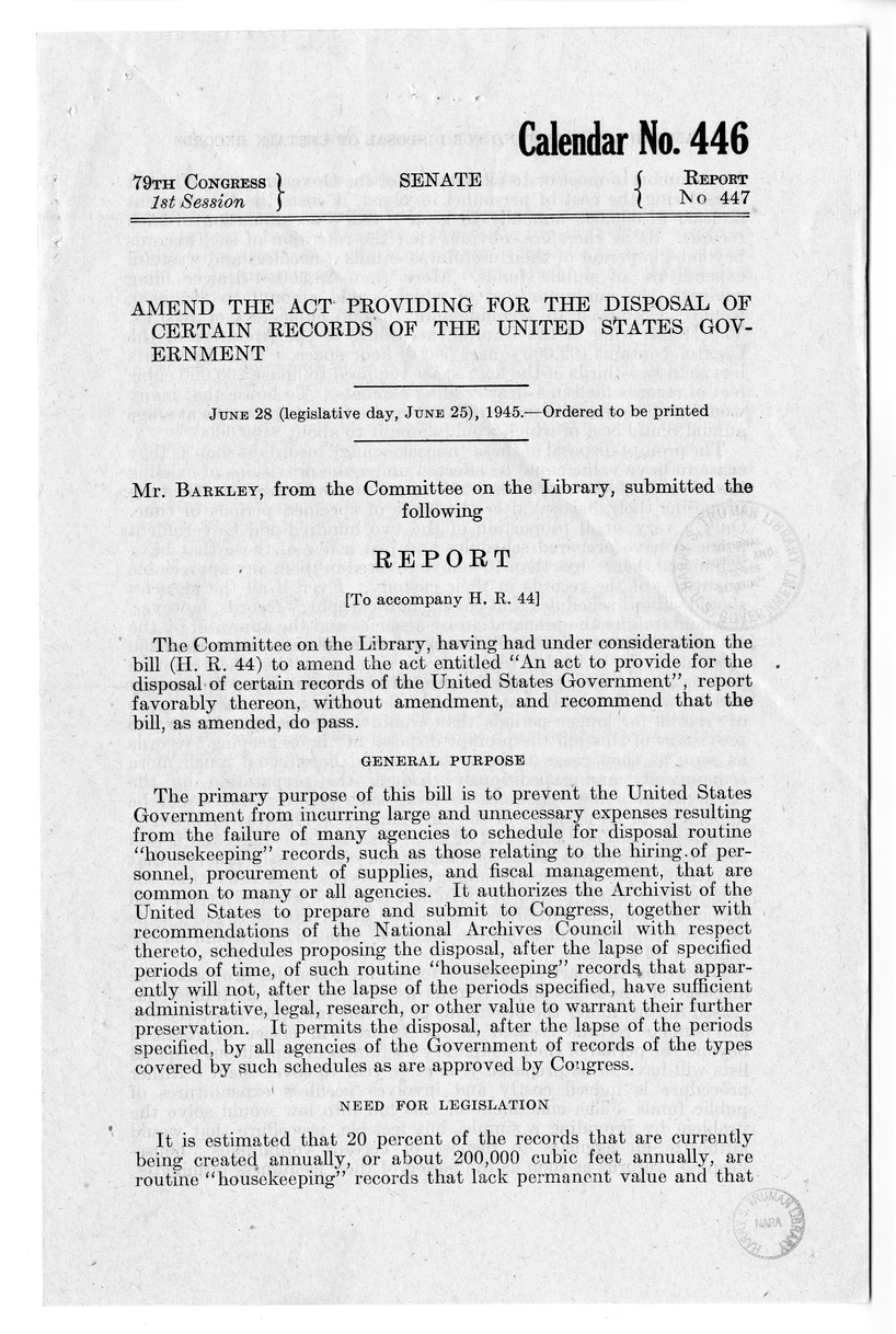 Memorandum from Frederick Bailey to M. C. Latta, H.R. 44, To Amend An Act to Provide for the Disposal of Certain Records of the United States Government, with Attachments