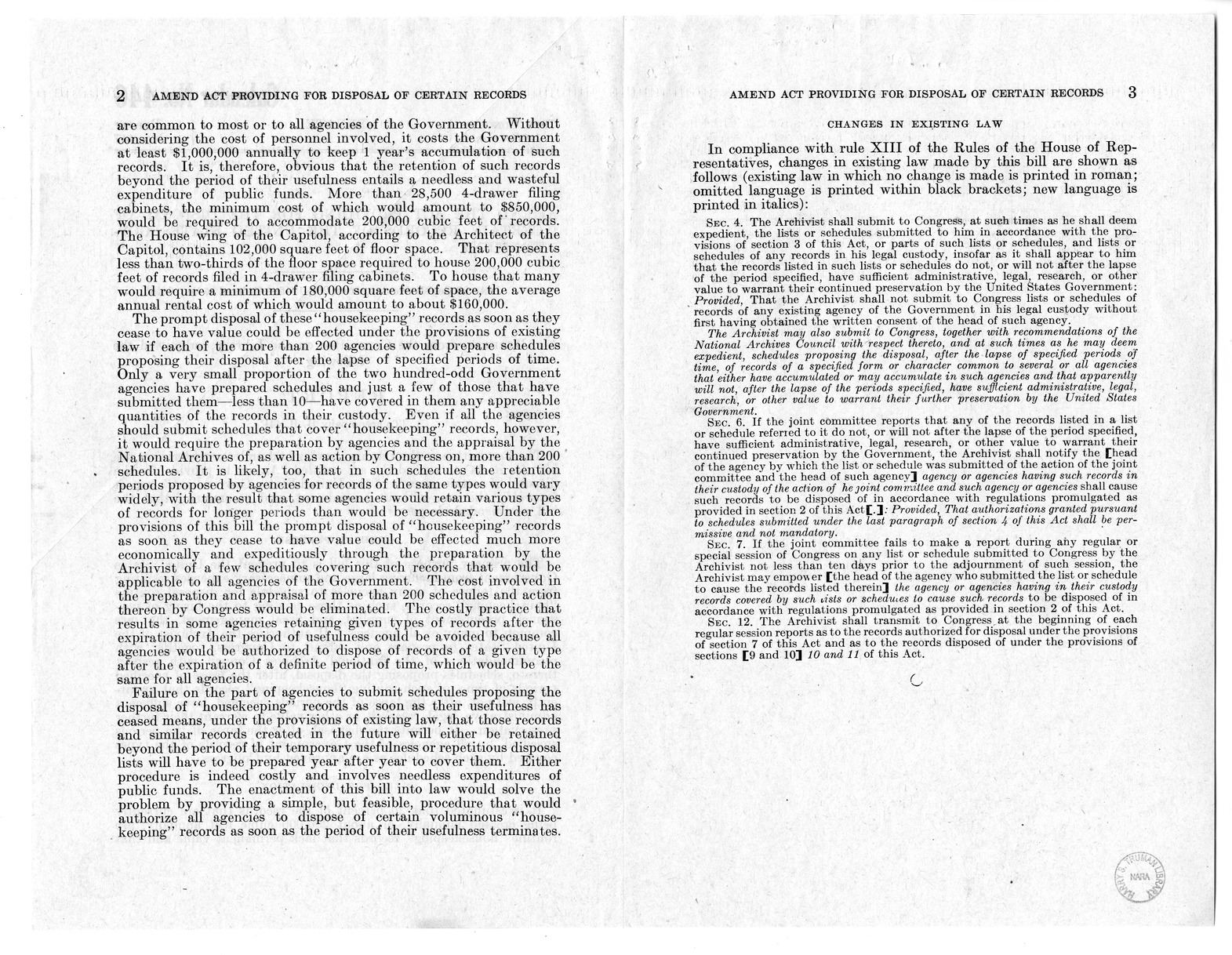 Memorandum from Frederick Bailey to M. C. Latta, H.R. 44, To Amend An Act to Provide for the Disposal of Certain Records of the United States Government, with Attachments