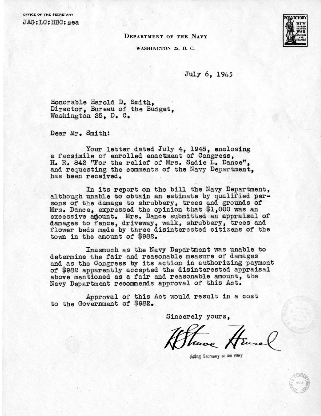Memorandum from Frederick Bailey to M. C. Latta, H.R. 842, For the Relief of Mrs. Sadie L. Dance, with Attachments