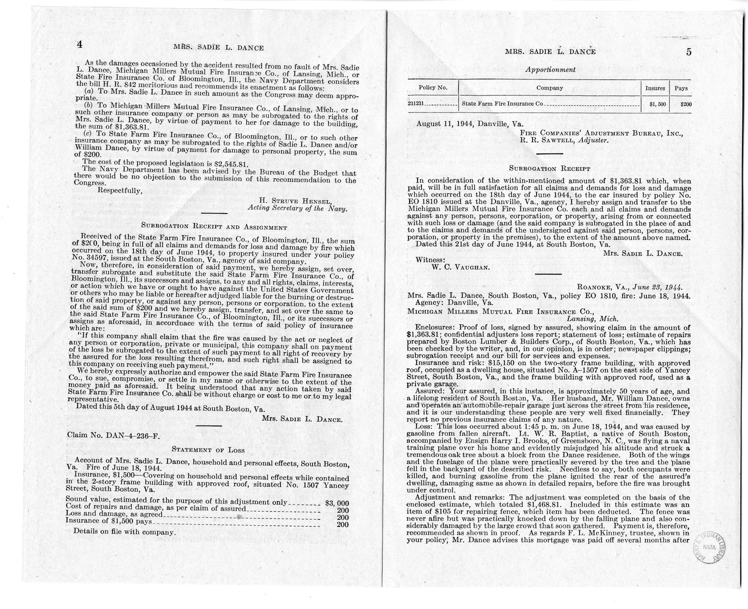 Memorandum from Frederick Bailey to M. C. Latta, H.R. 842, For the Relief of Mrs. Sadie L. Dance, with Attachments