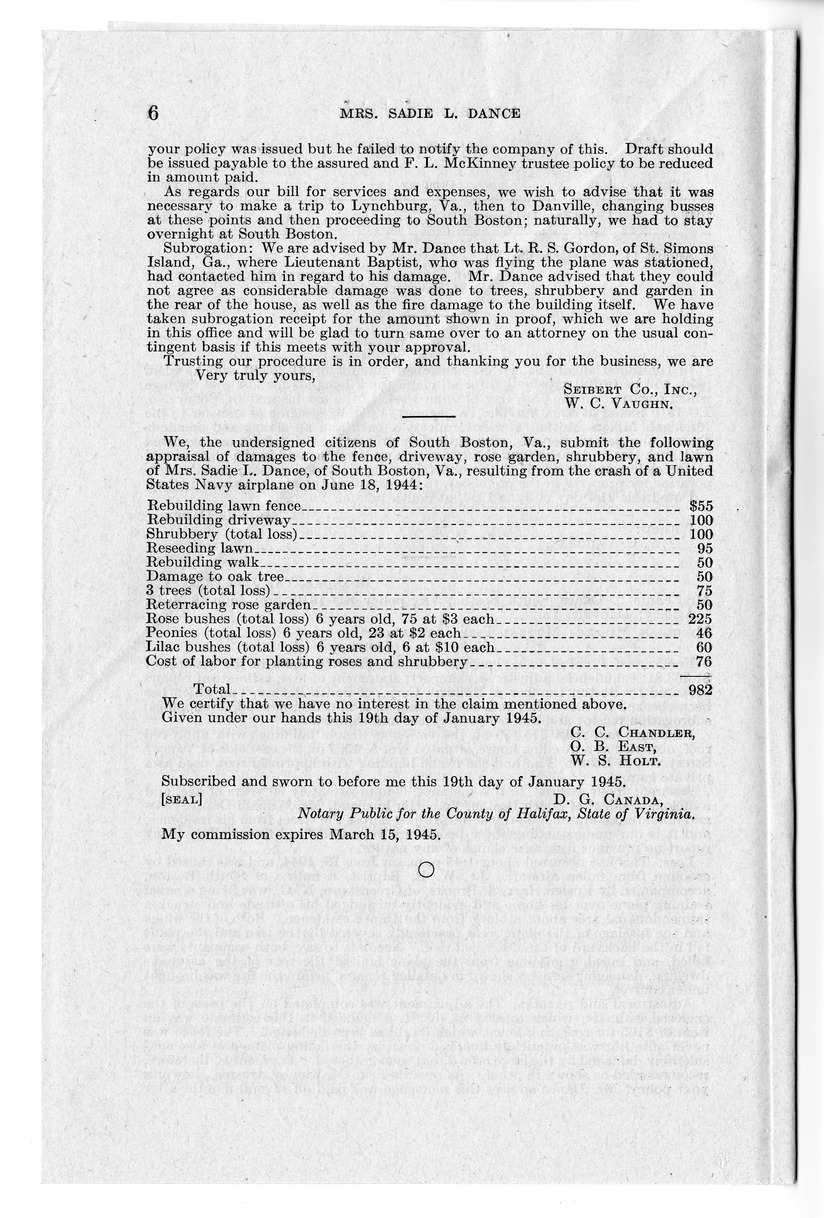 Memorandum from Frederick Bailey to M. C. Latta, H.R. 842, For the Relief of Mrs. Sadie L. Dance, with Attachments