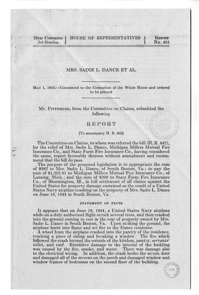 Memorandum from Frederick Bailey to M. C. Latta, H.R. 842, For the Relief of Mrs. Sadie L. Dance, with Attachments