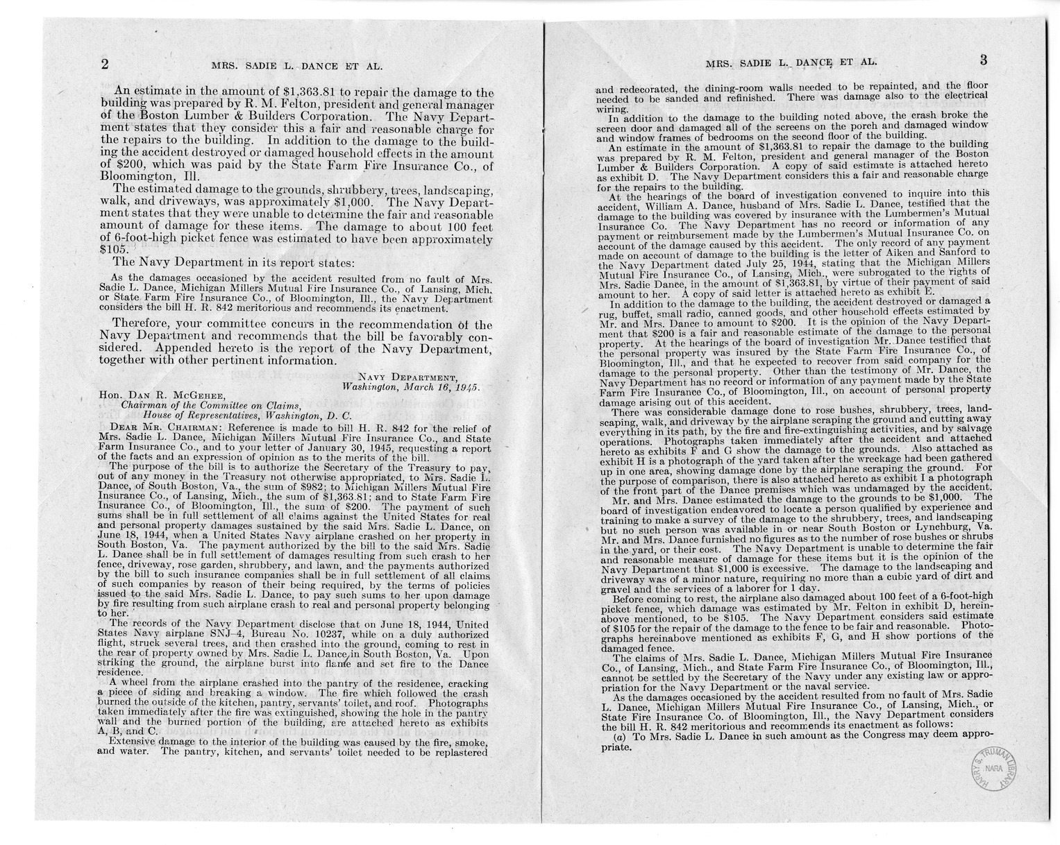 Memorandum from Frederick Bailey to M. C. Latta, H.R. 842, For the Relief of Mrs. Sadie L. Dance, with Attachments