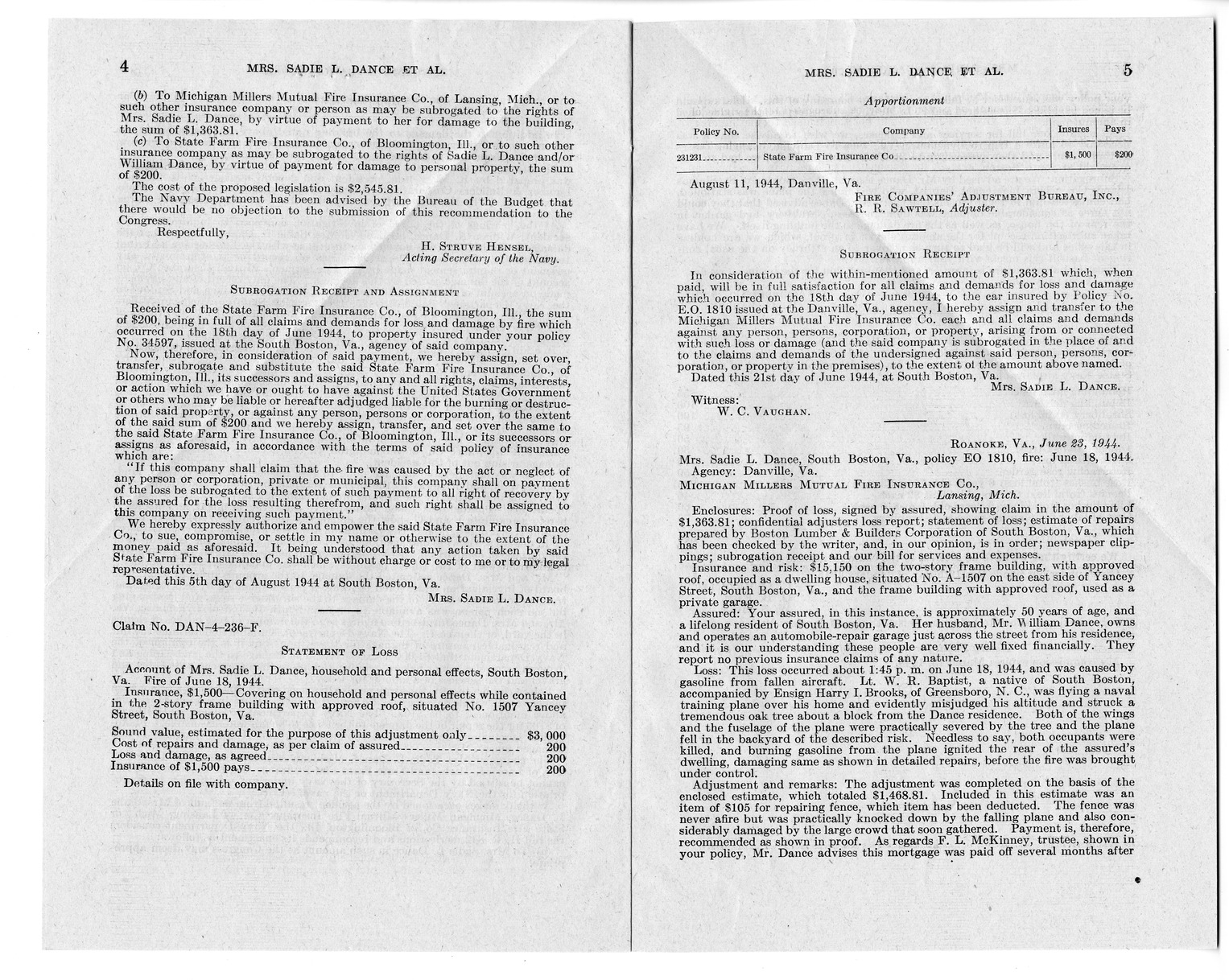 Memorandum from Frederick Bailey to M. C. Latta, H.R. 842, For the Relief of Mrs. Sadie L. Dance, with Attachments