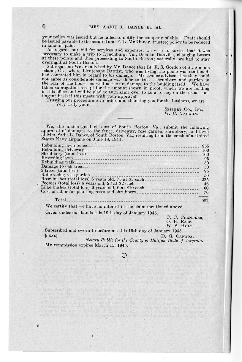 Memorandum from Frederick Bailey to M. C. Latta, H.R. 842, For the Relief of Mrs. Sadie L. Dance, with Attachments