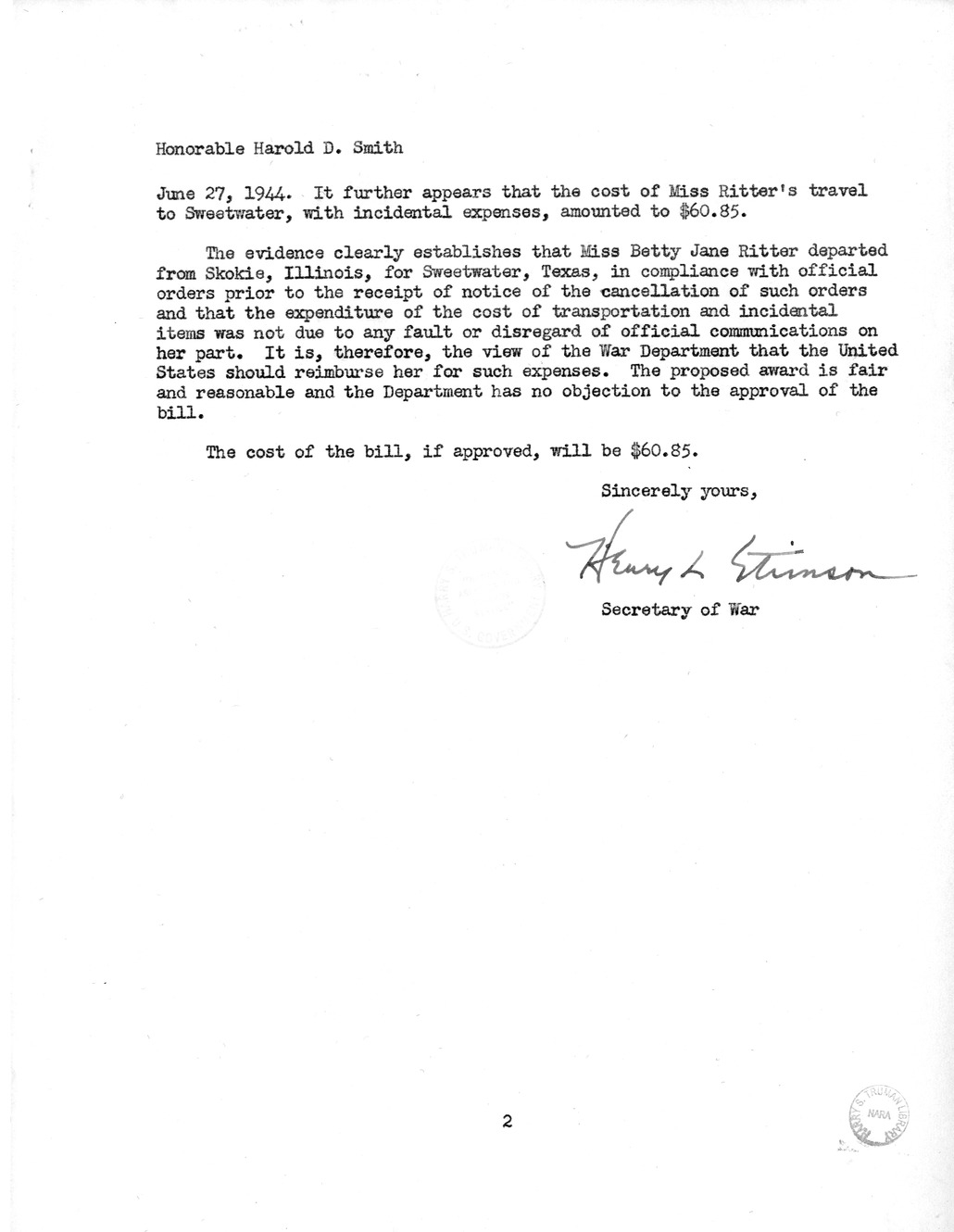 Memorandum from Frederick Bailey to M. C. Latta, H.R. 852, For the Relief of Betty Jane Ritter, with Attachments