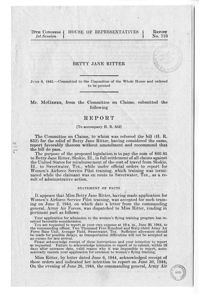 Memorandum from Frederick Bailey to M. C. Latta, H.R. 852, For the Relief of Betty Jane Ritter, with Attachments
