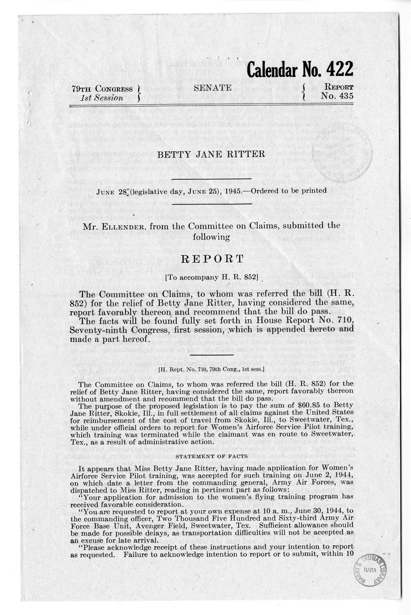 Memorandum from Frederick Bailey to M. C. Latta, H.R. 852, For the Relief of Betty Jane Ritter, with Attachments