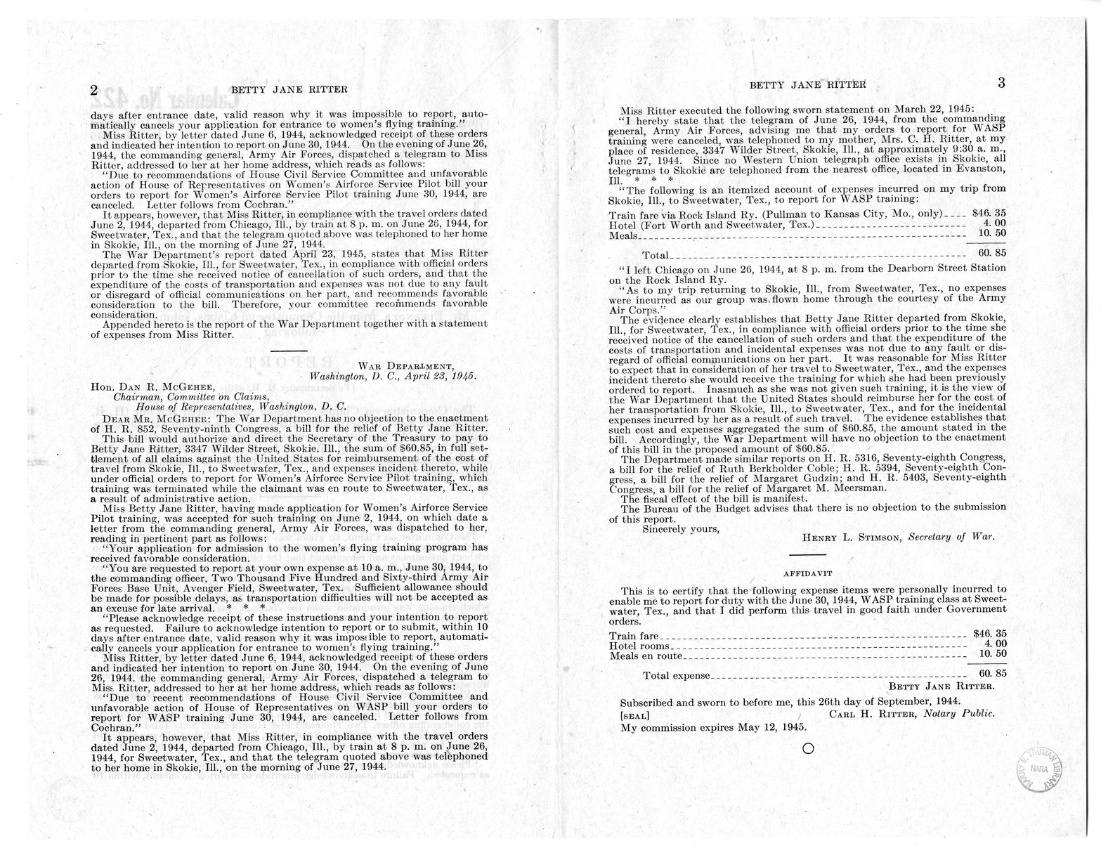 Memorandum from Frederick Bailey to M. C. Latta, H.R. 852, For the Relief of Betty Jane Ritter, with Attachments