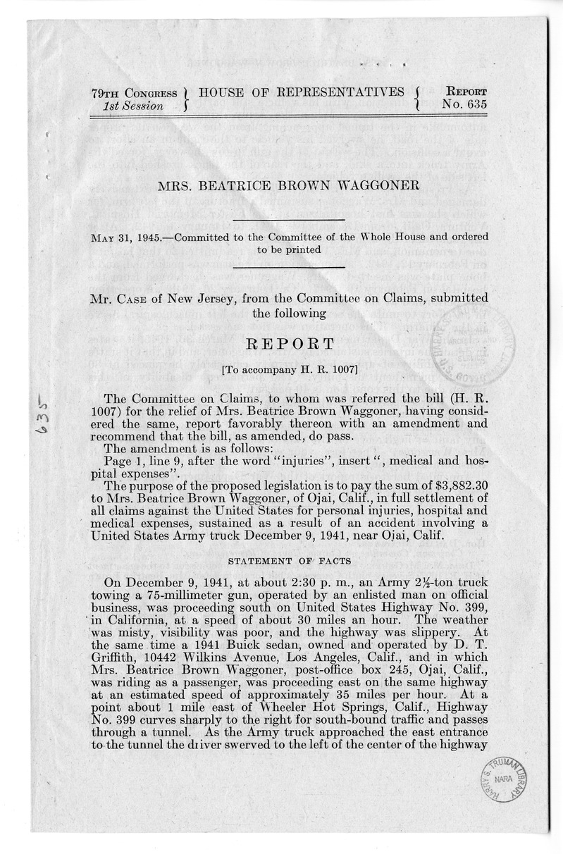 Memorandum from Frederick Bailey to M. C. Latta, H.R. 1007, For the Relief of Mrs. Beatrice Brown Waggoner, with Attachments