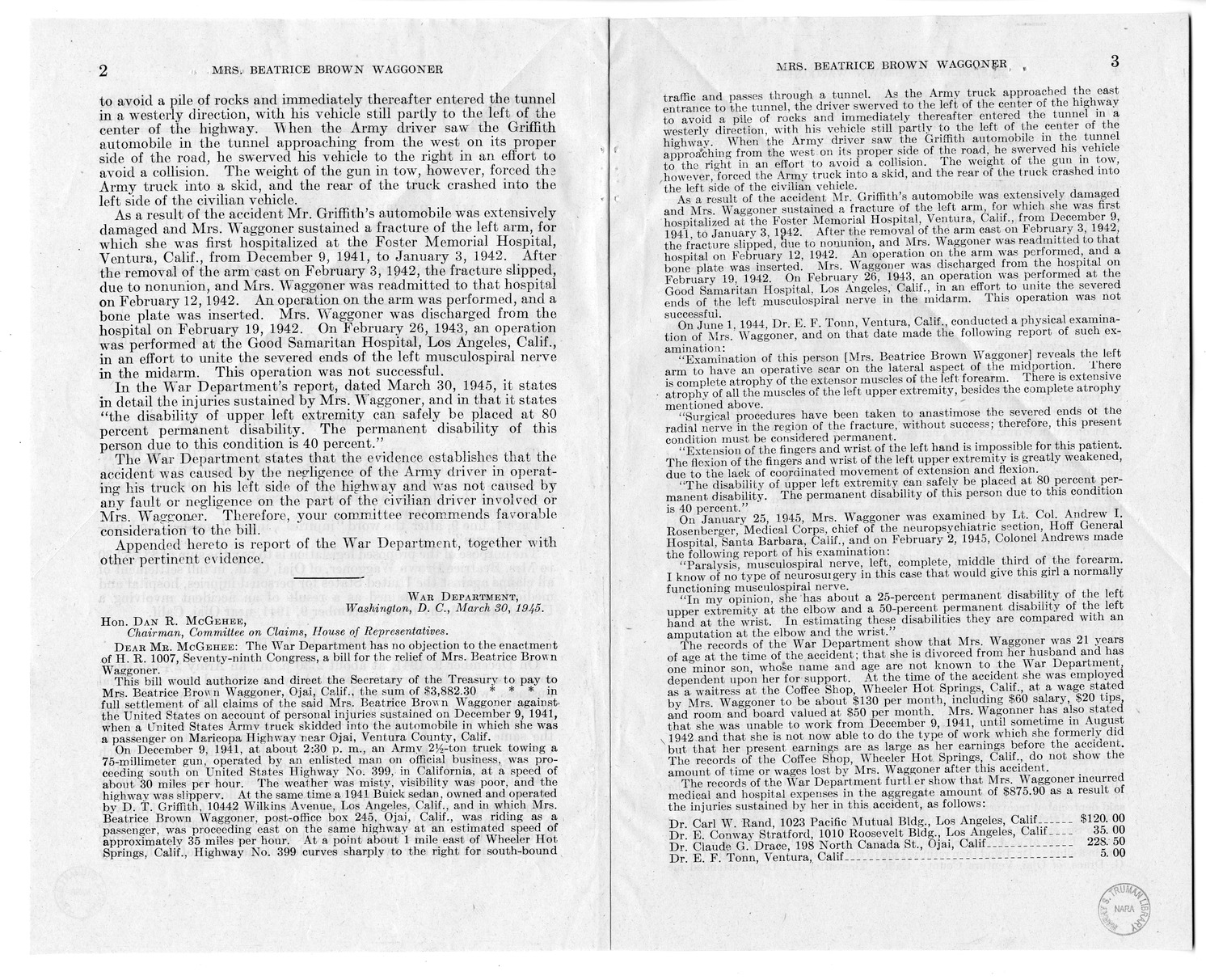Memorandum from Frederick Bailey to M. C. Latta, H.R. 1007, For the Relief of Mrs. Beatrice Brown Waggoner, with Attachments
