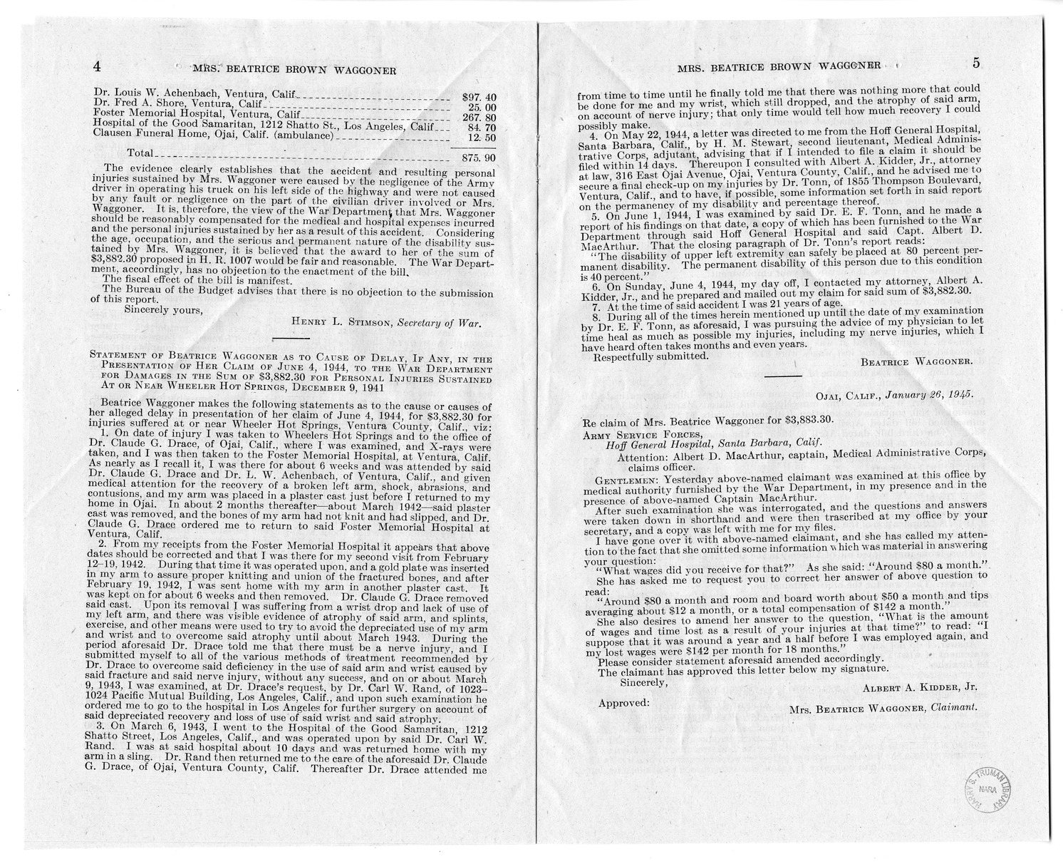 Memorandum from Frederick Bailey to M. C. Latta, H.R. 1007, For the Relief of Mrs. Beatrice Brown Waggoner, with Attachments