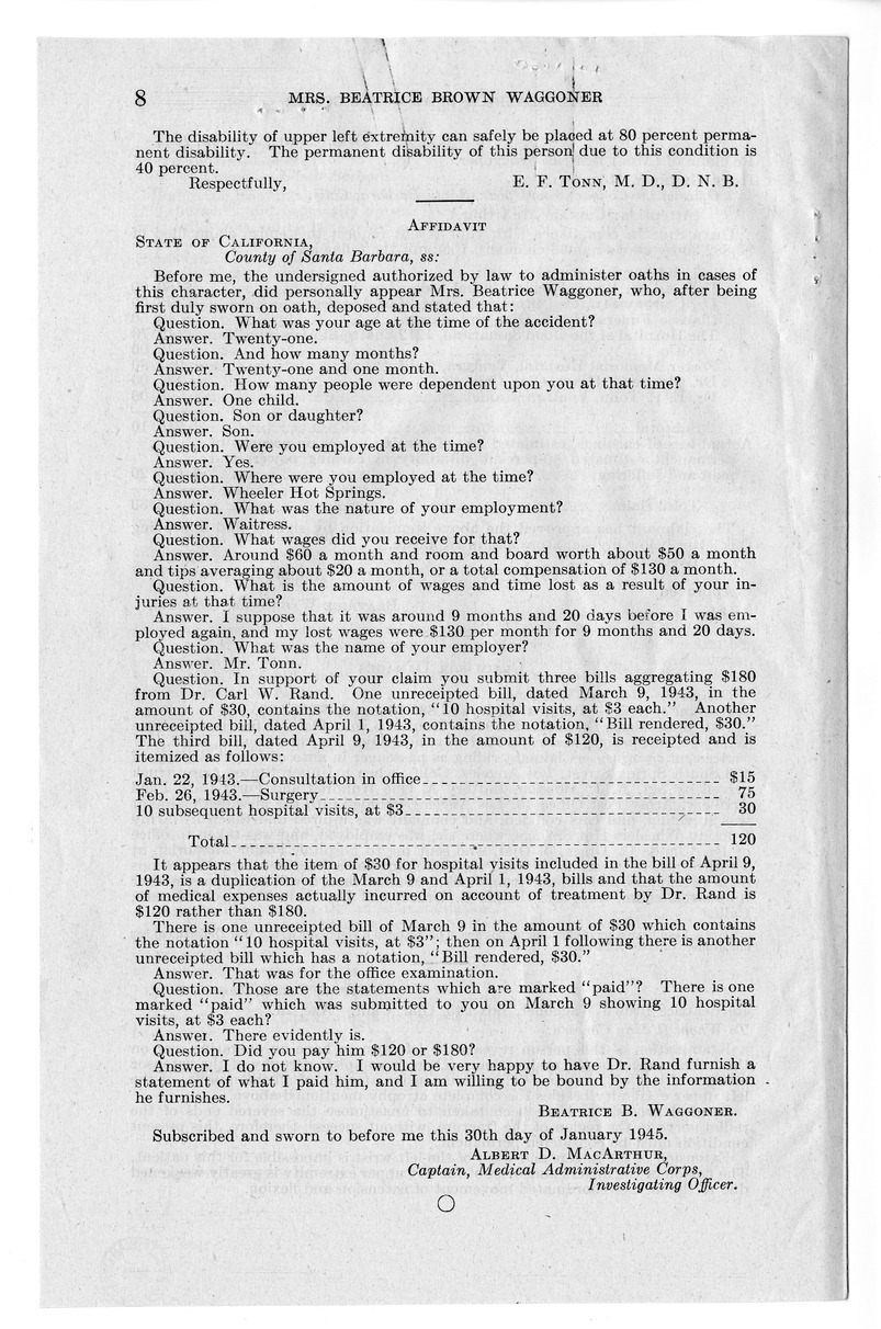 Memorandum from Frederick Bailey to M. C. Latta, H.R. 1007, For the Relief of Mrs. Beatrice Brown Waggoner, with Attachments