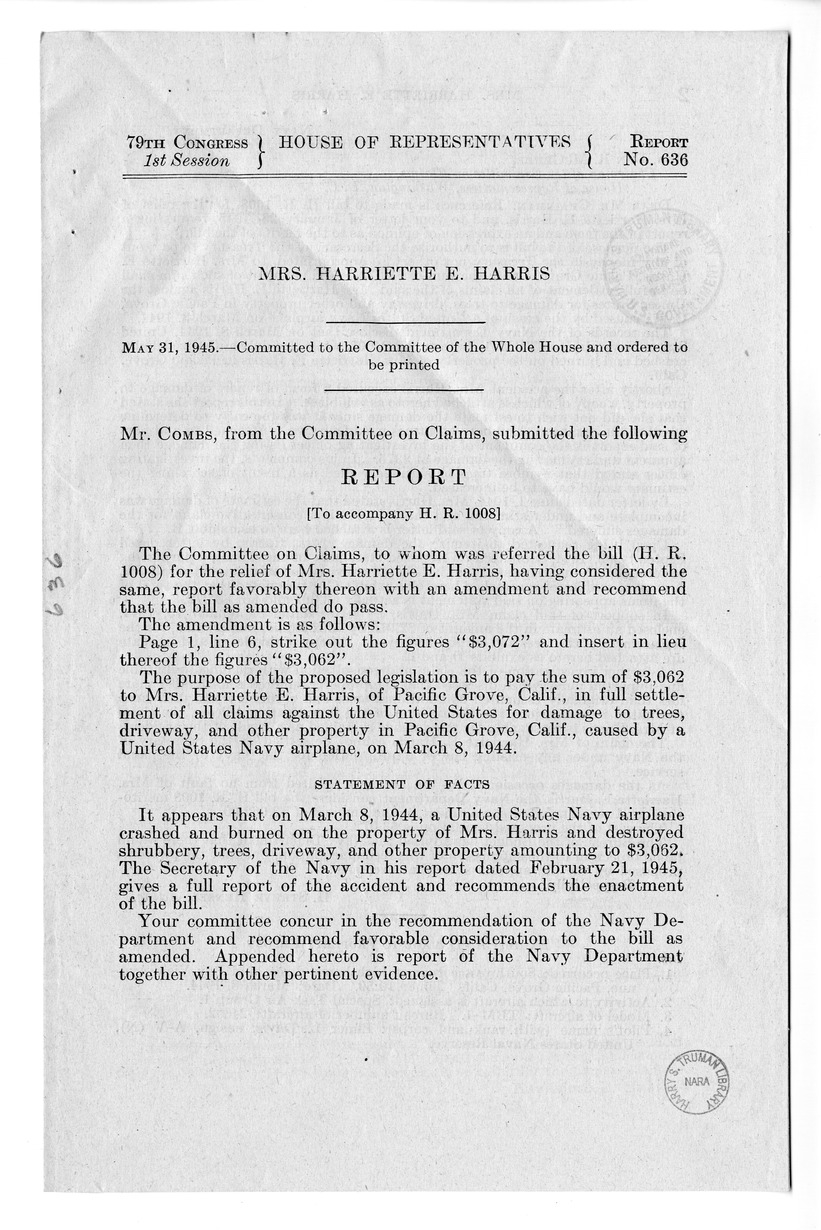 Memorandum from Frederick Bailey to M. C. Latta, H.R. 1008, For the Relief of Mrs. Harriette E. Harris, with Attachments