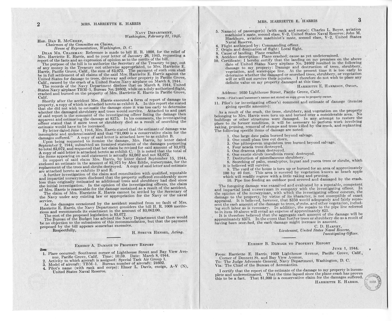 Memorandum from Frederick Bailey to M. C. Latta, H.R. 1008, For the Relief of Mrs. Harriette E. Harris, with Attachments