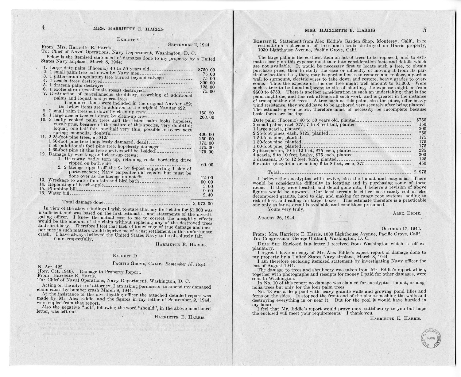 Memorandum from Frederick Bailey to M. C. Latta, H.R. 1008, For the Relief of Mrs. Harriette E. Harris, with Attachments