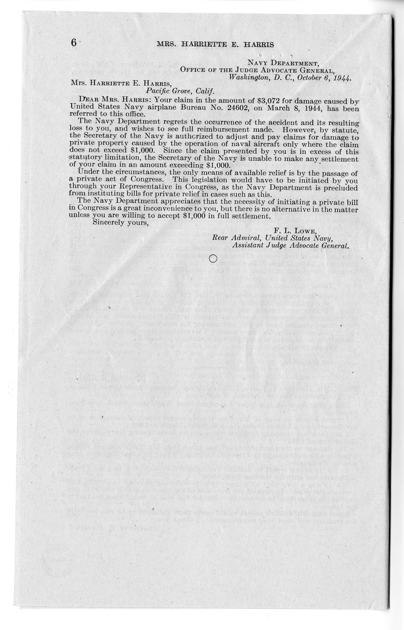 Memorandum from Frederick Bailey to M. C. Latta, H.R. 1008, For the Relief of Mrs. Harriette E. Harris, with Attachments