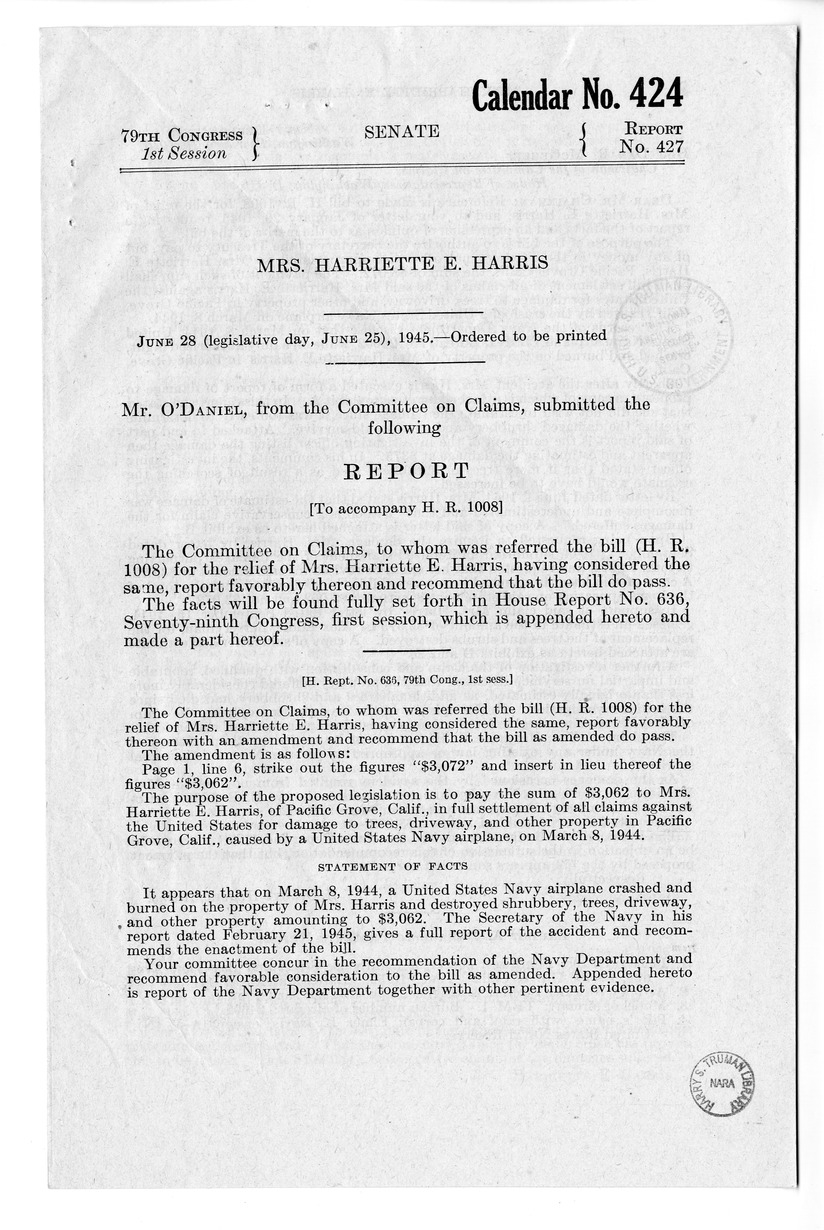 Memorandum from Frederick Bailey to M. C. Latta, H.R. 1008, For the Relief of Mrs. Harriette E. Harris, with Attachments