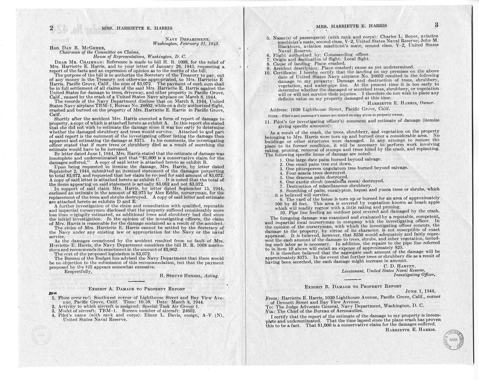 Memorandum from Frederick Bailey to M. C. Latta, H.R. 1008, For the Relief of Mrs. Harriette E. Harris, with Attachments