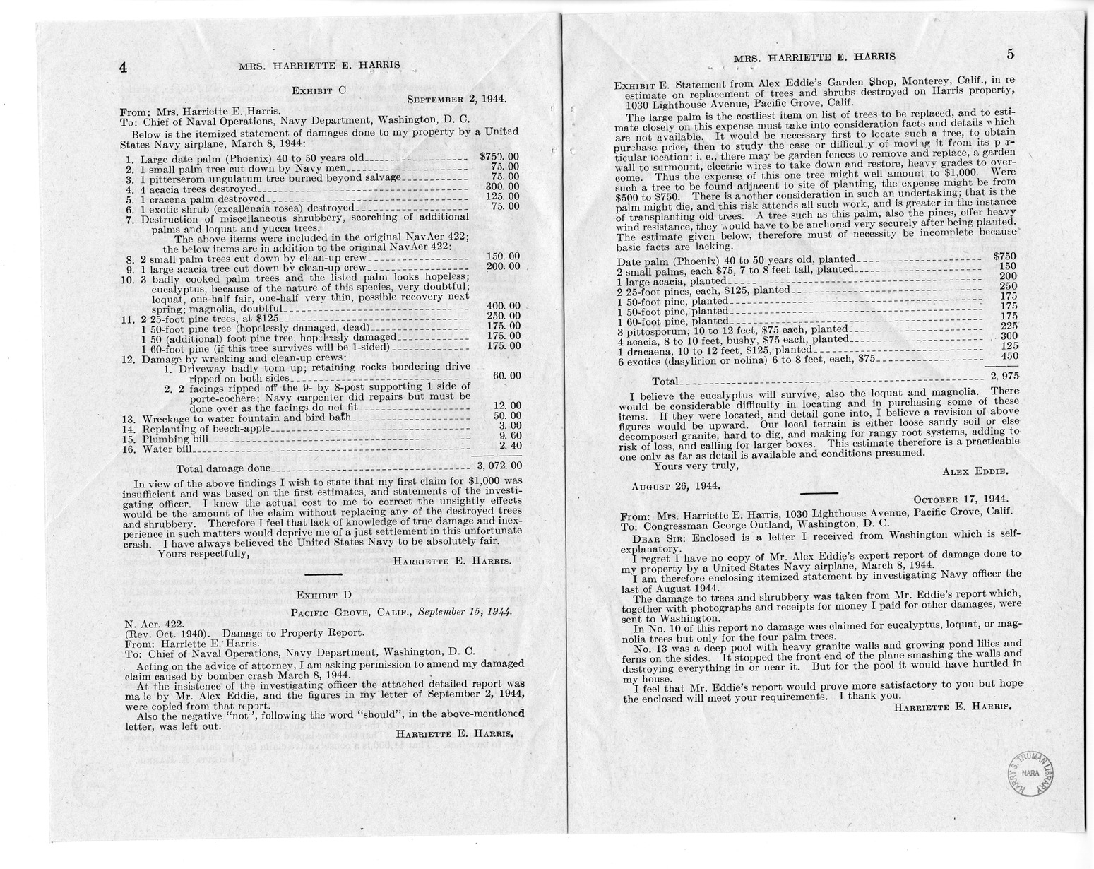 Memorandum from Frederick Bailey to M. C. Latta, H.R. 1008, For the Relief of Mrs. Harriette E. Harris, with Attachments