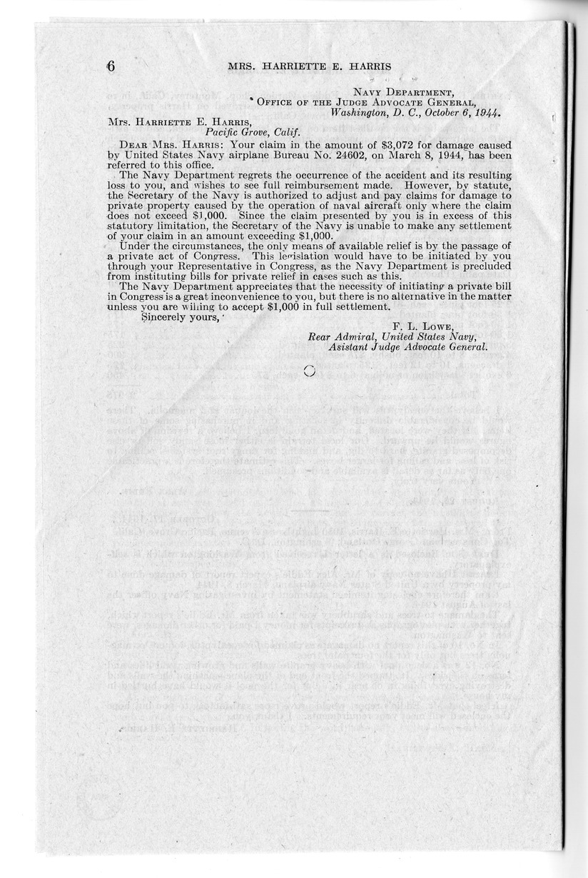 Memorandum from Frederick Bailey to M. C. Latta, H.R. 1008, For the Relief of Mrs. Harriette E. Harris, with Attachments