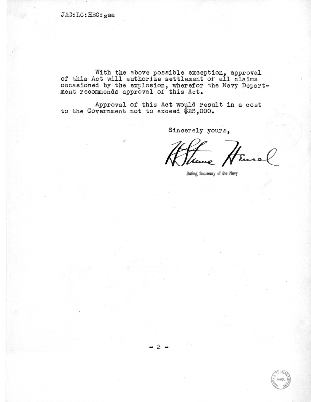 Memorandum from Frederick Bailey to M. C. Latta, H.R. 1309, To Provide Reimbursement for Personal Property Lost, Damaged, or Destroyed as the Result of an Explosion at the Naval Air Station, Norfolk, Virginia, on September 17, 1943, with Attachments