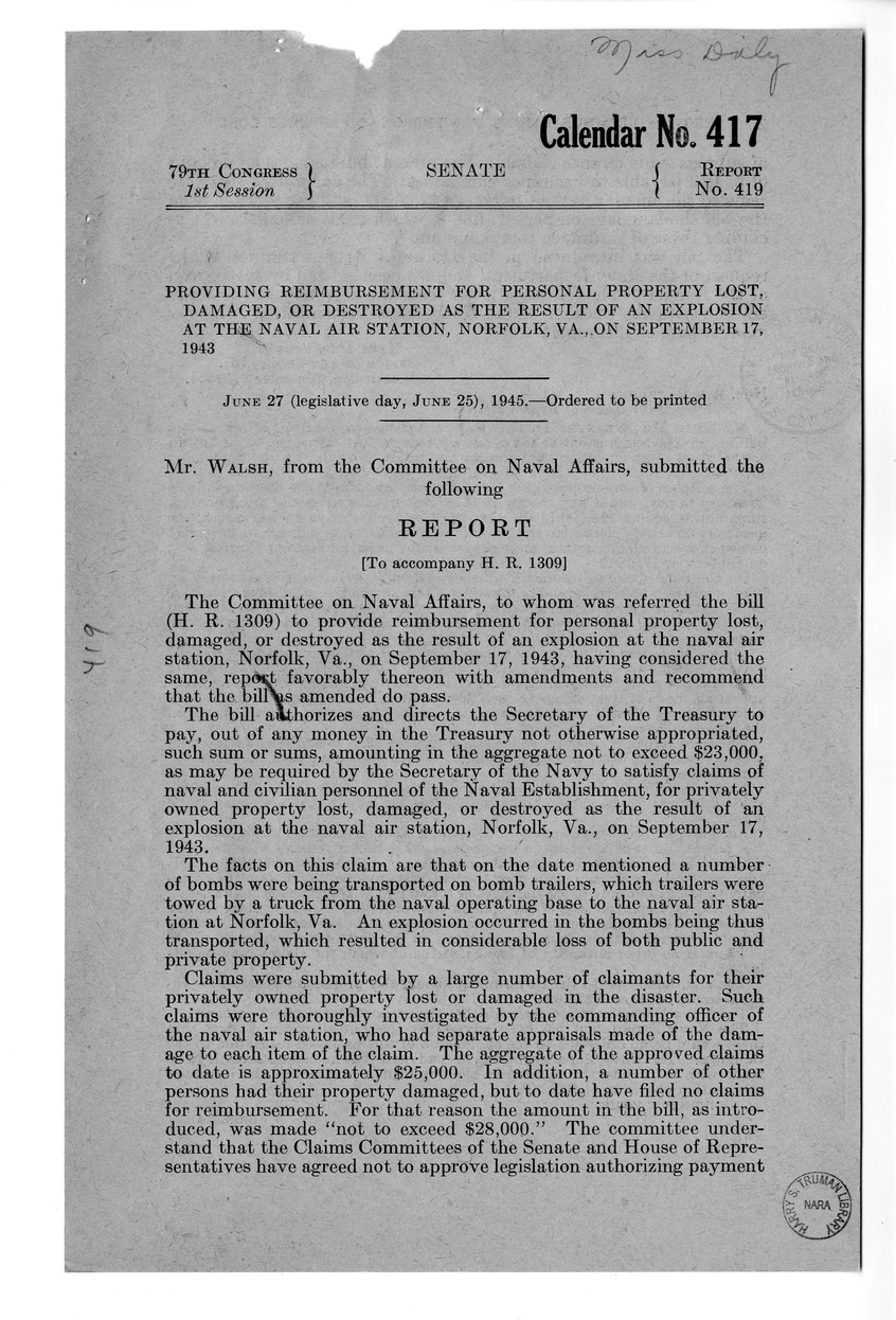 Memorandum from Frederick Bailey to M. C. Latta, H.R. 1309, To Provide Reimbursement for Personal Property Lost, Damaged, or Destroyed as the Result of an Explosion at the Naval Air Station, Norfolk, Virginia, on September 17, 1943, with Attachments