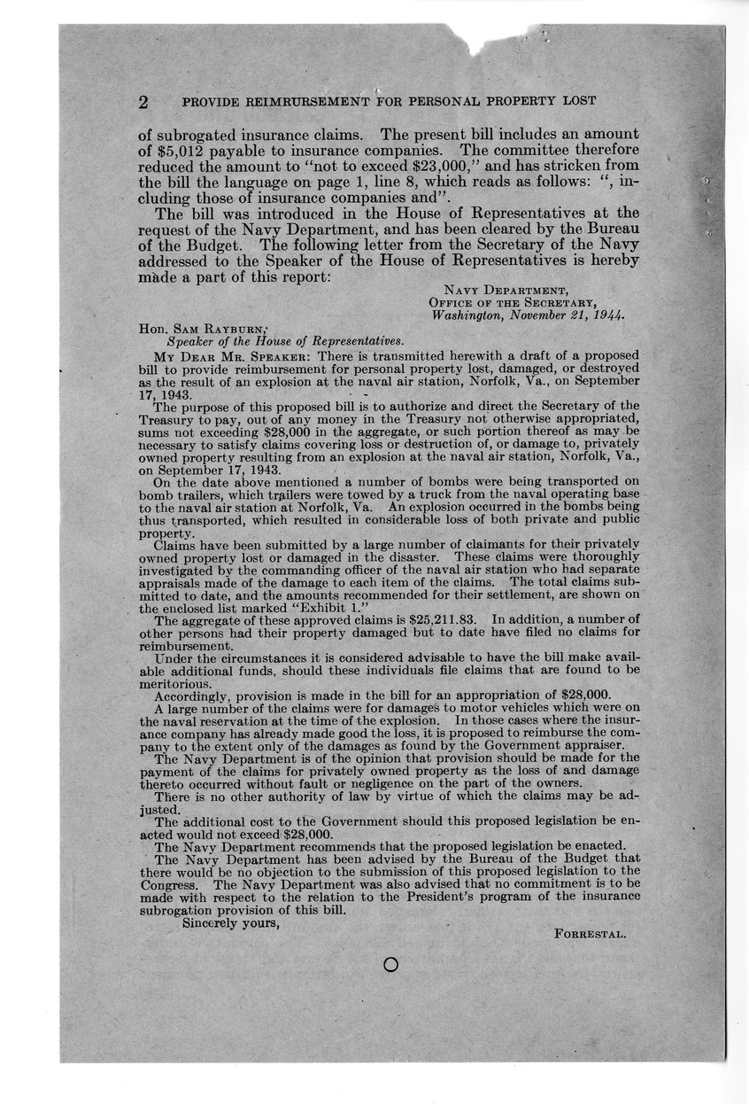 Memorandum from Frederick Bailey to M. C. Latta, H.R. 1309, To Provide Reimbursement for Personal Property Lost, Damaged, or Destroyed as the Result of an Explosion at the Naval Air Station, Norfolk, Virginia, on September 17, 1943, with Attachments