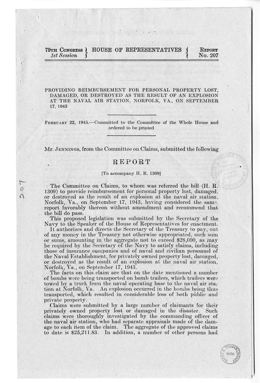 Memorandum from Frederick Bailey to M. C. Latta, H.R. 1309, To Provide Reimbursement for Personal Property Lost, Damaged, or Destroyed as the Result of an Explosion at the Naval Air Station, Norfolk, Virginia, on September 17, 1943, with Attachments