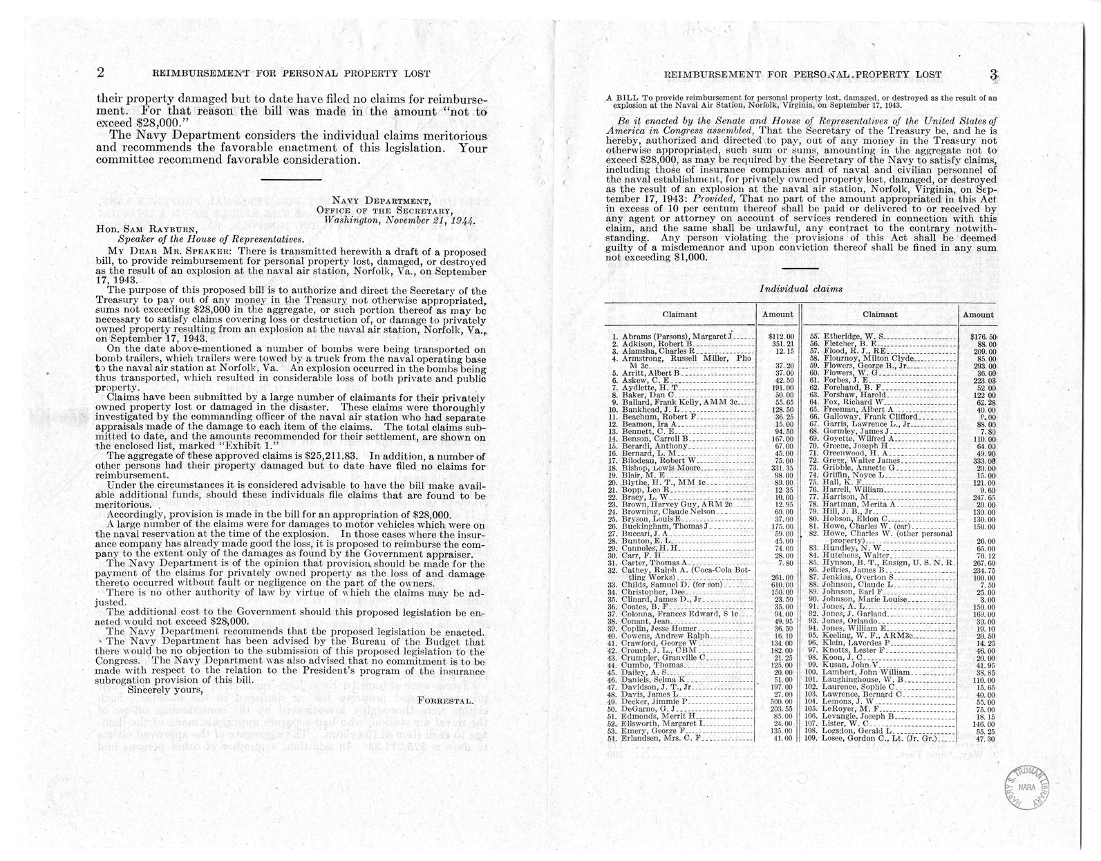 Memorandum from Frederick Bailey to M. C. Latta, H.R. 1309, To Provide Reimbursement for Personal Property Lost, Damaged, or Destroyed as the Result of an Explosion at the Naval Air Station, Norfolk, Virginia, on September 17, 1943, with Attachments