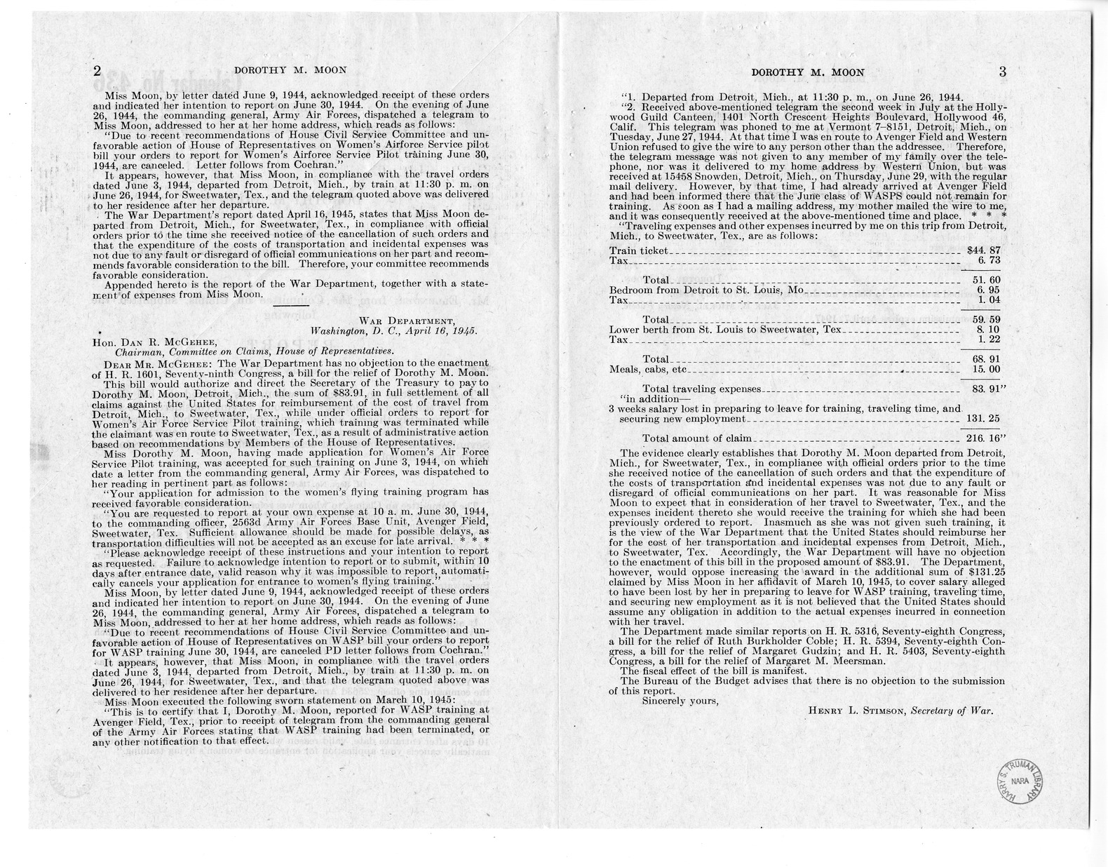 Memorandum from Frederick Bailey to M. C. Latta, H.R. 1601, For the Relief of Dorothy M. Moon, with Attachments