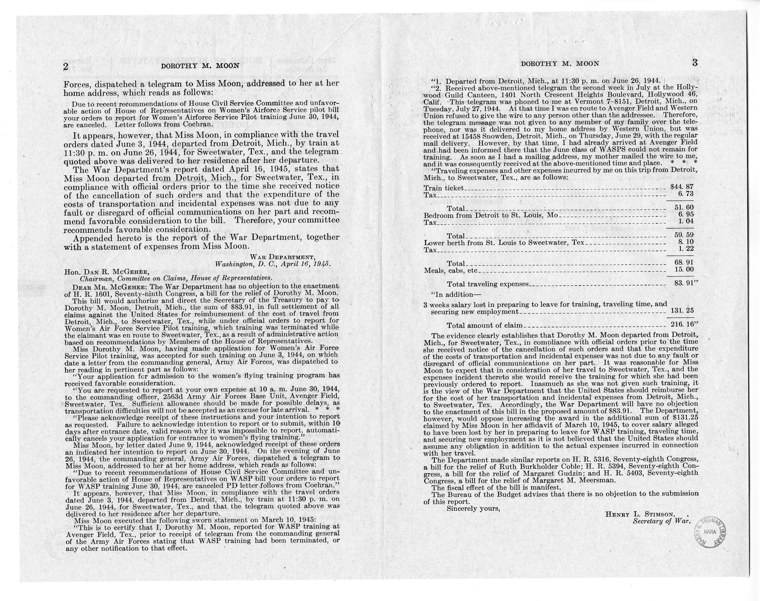 Memorandum from Frederick Bailey to M. C. Latta, H.R. 1601, For the Relief of Dorothy M. Moon, with Attachments