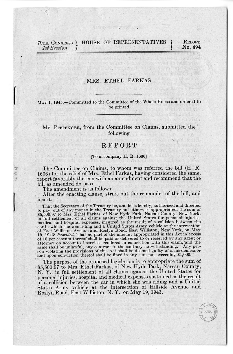 Memorandum from Frederick J. Bailey to M. C. Latta, H.R. 1606, for the Relief of Mrs. Ethel Farkas, with Attachments