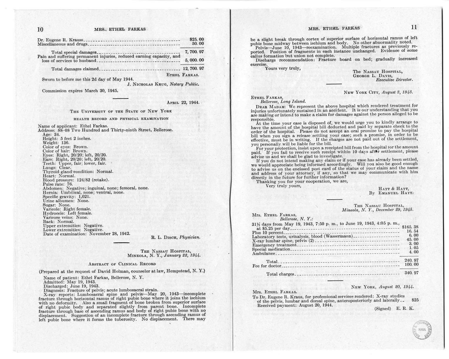 Memorandum from Frederick J. Bailey to M. C. Latta, H.R. 1606, for the Relief of Mrs. Ethel Farkas, with Attachments