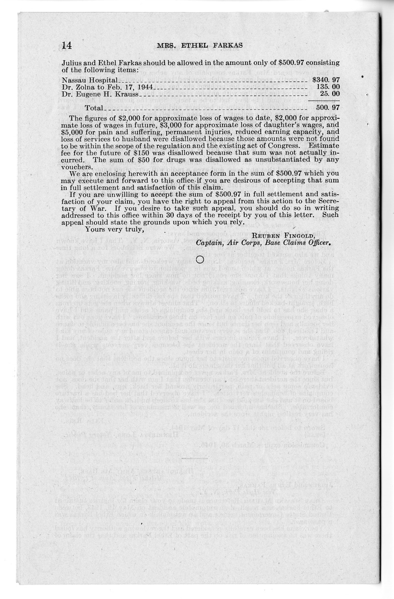 Memorandum from Frederick J. Bailey to M. C. Latta, H.R. 1606, for the Relief of Mrs. Ethel Farkas, with Attachments