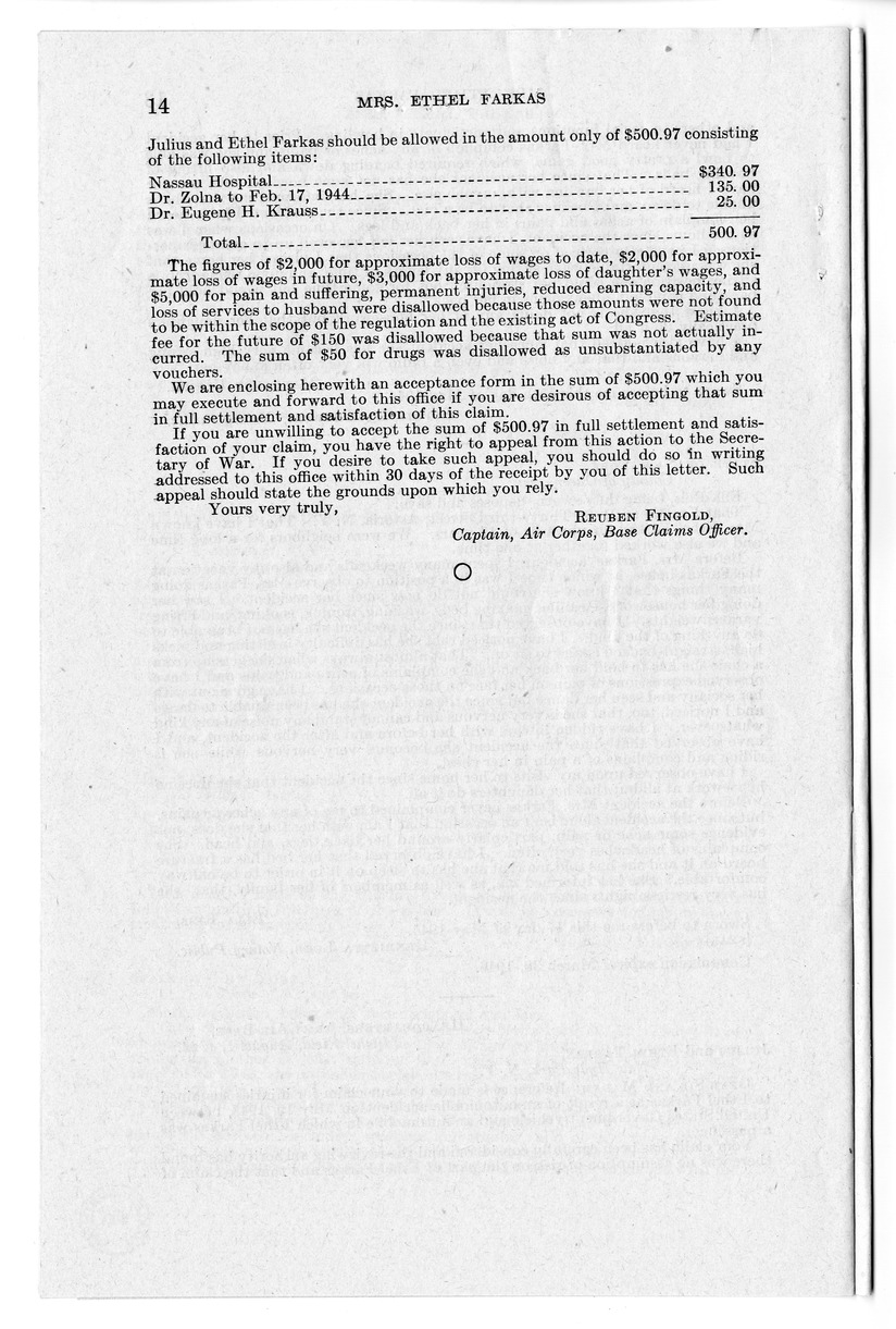 Memorandum from Frederick J. Bailey to M. C. Latta, H.R. 1606, for the Relief of Mrs. Ethel Farkas, with Attachments