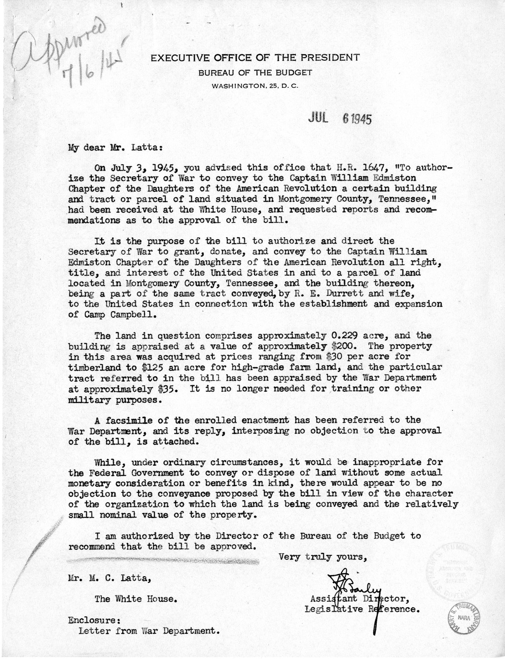 Memorandum from Frederick Bailey to M. C. Latta, H.R. 1647, To Authorize the Secretary of War to Convey to the Captain William Edmiston Chapter of the Daughters of the American Revolution a Certain Building and Tract or Parcel of Land Situated in Montgome