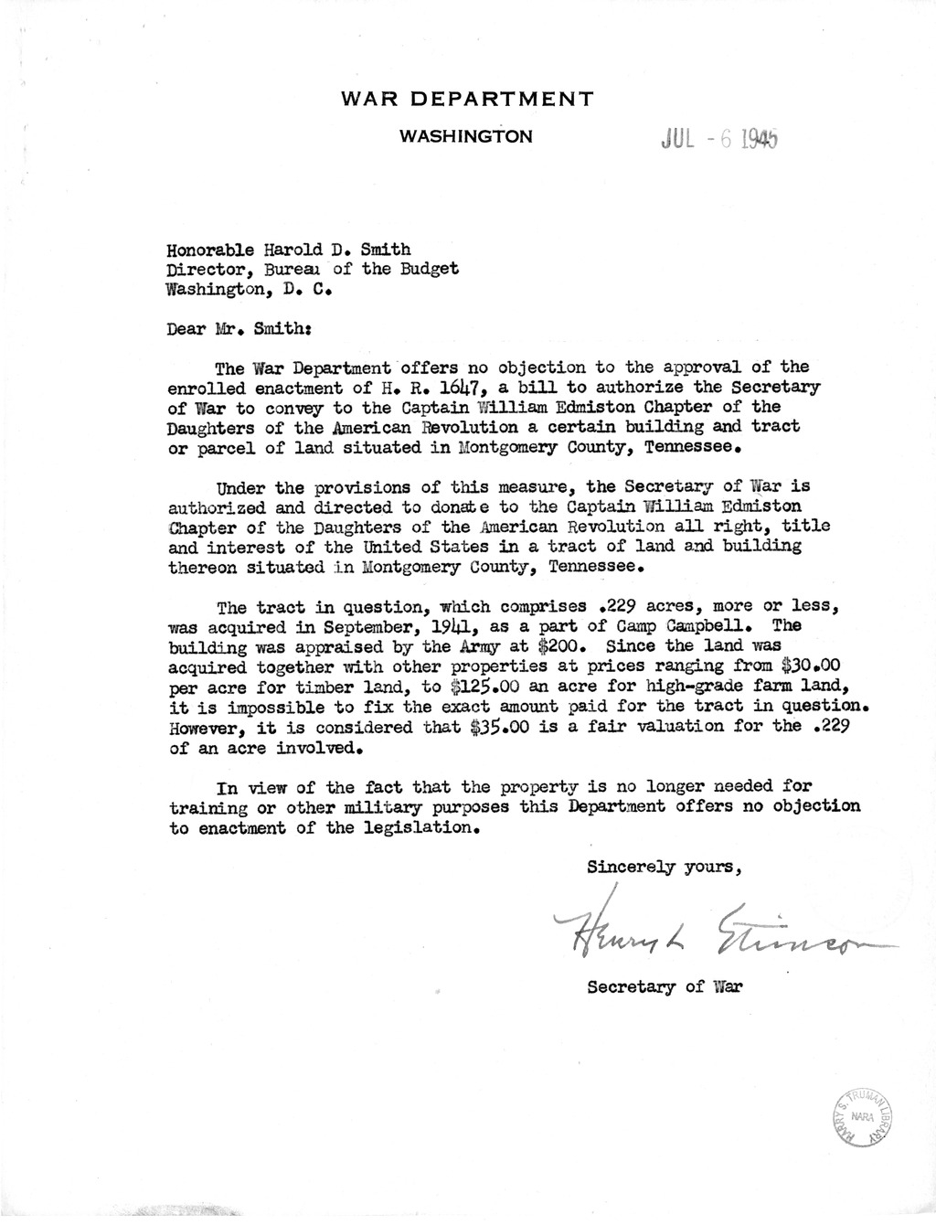 Memorandum from Frederick Bailey to M. C. Latta, H.R. 1647, To Authorize the Secretary of War to Convey to the Captain William Edmiston Chapter of the Daughters of the American Revolution a Certain Building and Tract or Parcel of Land Situated in Montgome