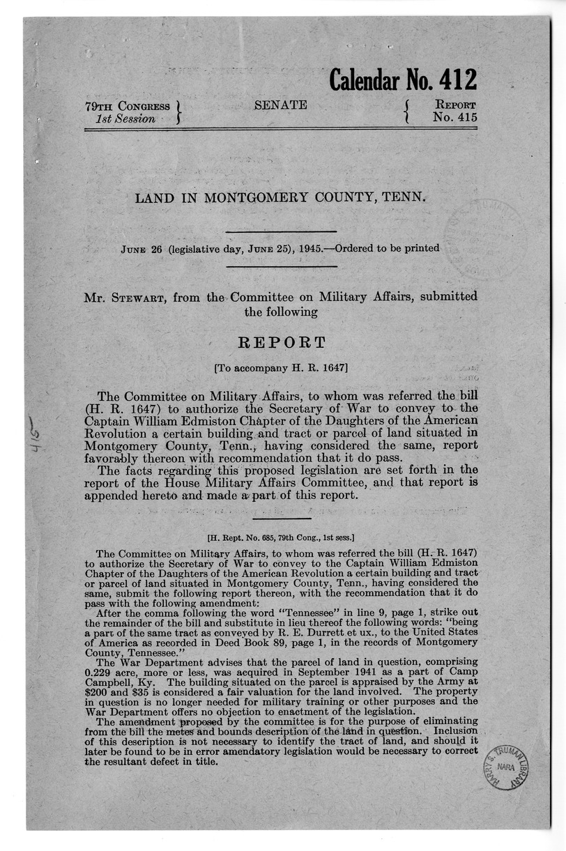 Memorandum from Frederick Bailey to M. C. Latta, H.R. 1647, To Authorize the Secretary of War to Convey to the Captain William Edmiston Chapter of the Daughters of the American Revolution a Certain Building and Tract or Parcel of Land Situated in Montgome