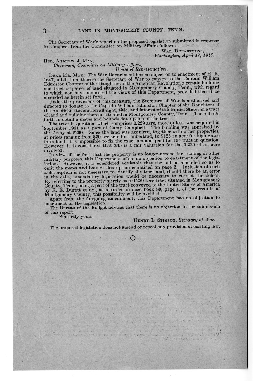 Memorandum from Frederick Bailey to M. C. Latta, H.R. 1647, To Authorize the Secretary of War to Convey to the Captain William Edmiston Chapter of the Daughters of the American Revolution a Certain Building and Tract or Parcel of Land Situated in Montgome