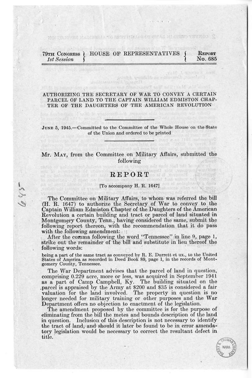 Memorandum from Frederick Bailey to M. C. Latta, H.R. 1647, To Authorize the Secretary of War to Convey to the Captain William Edmiston Chapter of the Daughters of the American Revolution a Certain Building and Tract or Parcel of Land Situated in Montgome