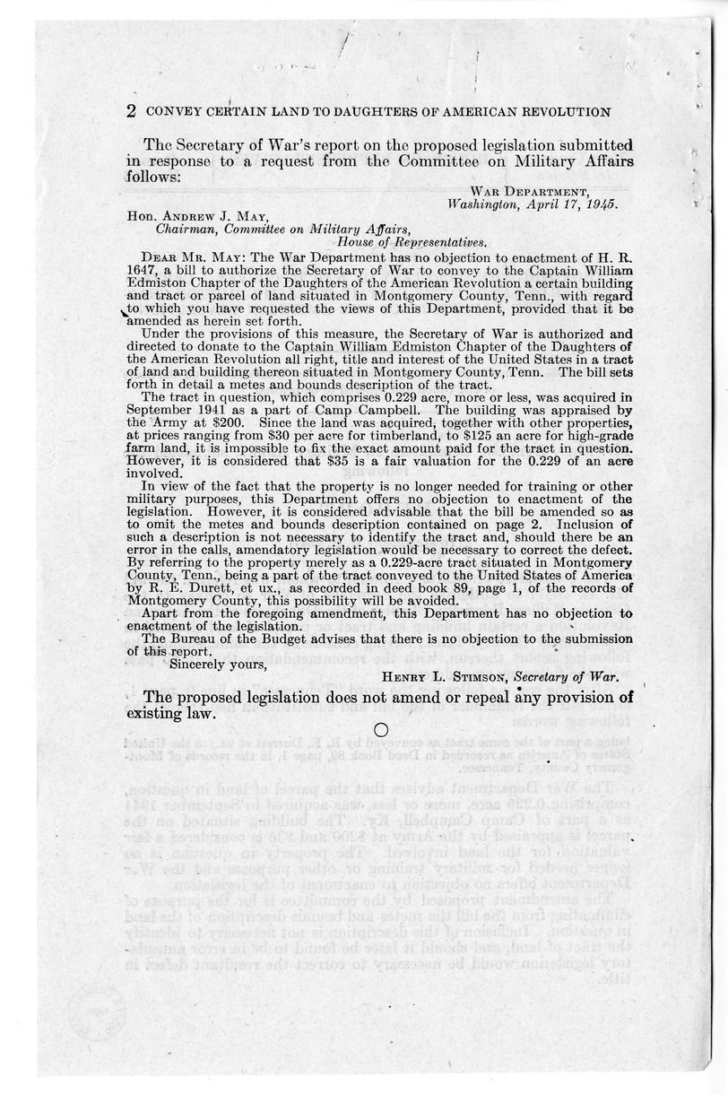 Memorandum from Frederick Bailey to M. C. Latta, H.R. 1647, To Authorize the Secretary of War to Convey to the Captain William Edmiston Chapter of the Daughters of the American Revolution a Certain Building and Tract or Parcel of Land Situated in Montgome